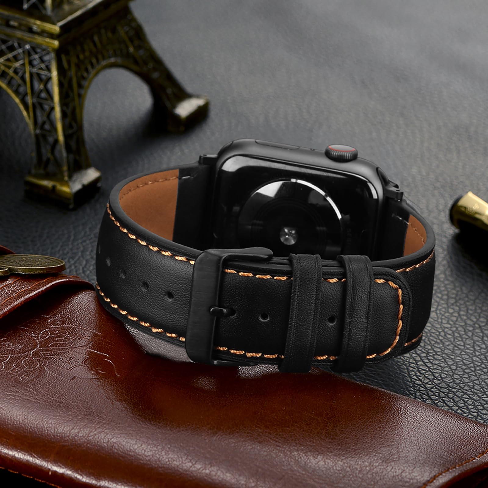 Tasikar Bands Compatible with Apple Watch Band 42mm (Series11/10) 41mm 40mm 38mm Men Genuine Leather Replacement Bands Compatible with Apple Watch SE Series 11 10 9 8 7 6 5 4 3, Black