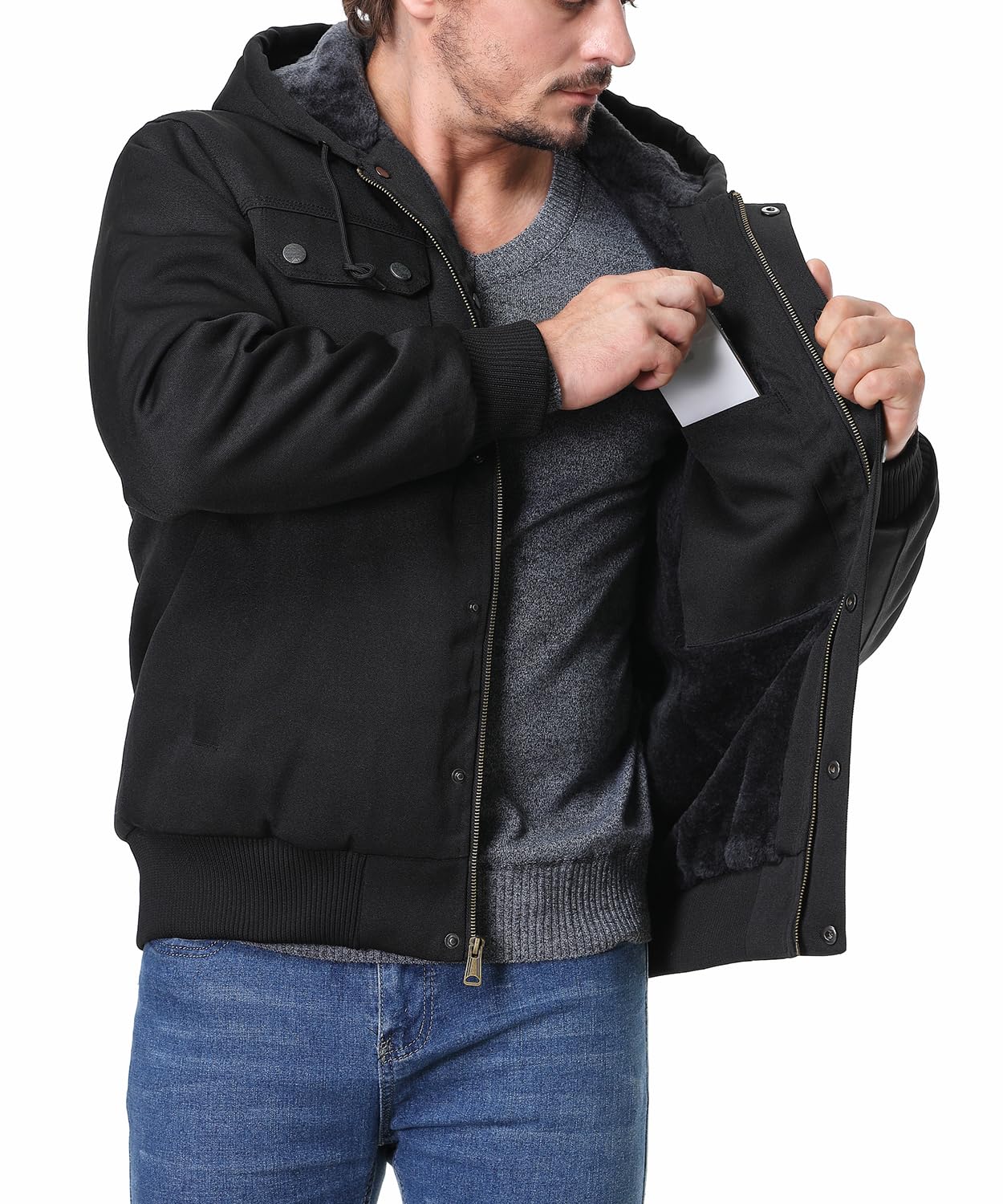 TUAOVA Men's Fit Relaxed Work Coat Fleece Lined Waterproof Workwear Winter Hooded Jacket with Multiple Pockets