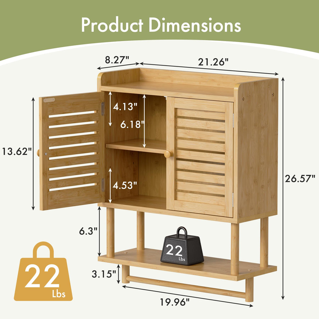 AmazerBath Bathroom Wall Cabinets, Bamboo Medicine Cabinet with Rattan Door, Over The Toilet Storage Cabinet with Towel Bar, Wall Mounted Cabinet with Adjustable Shelves for Small Spaces
