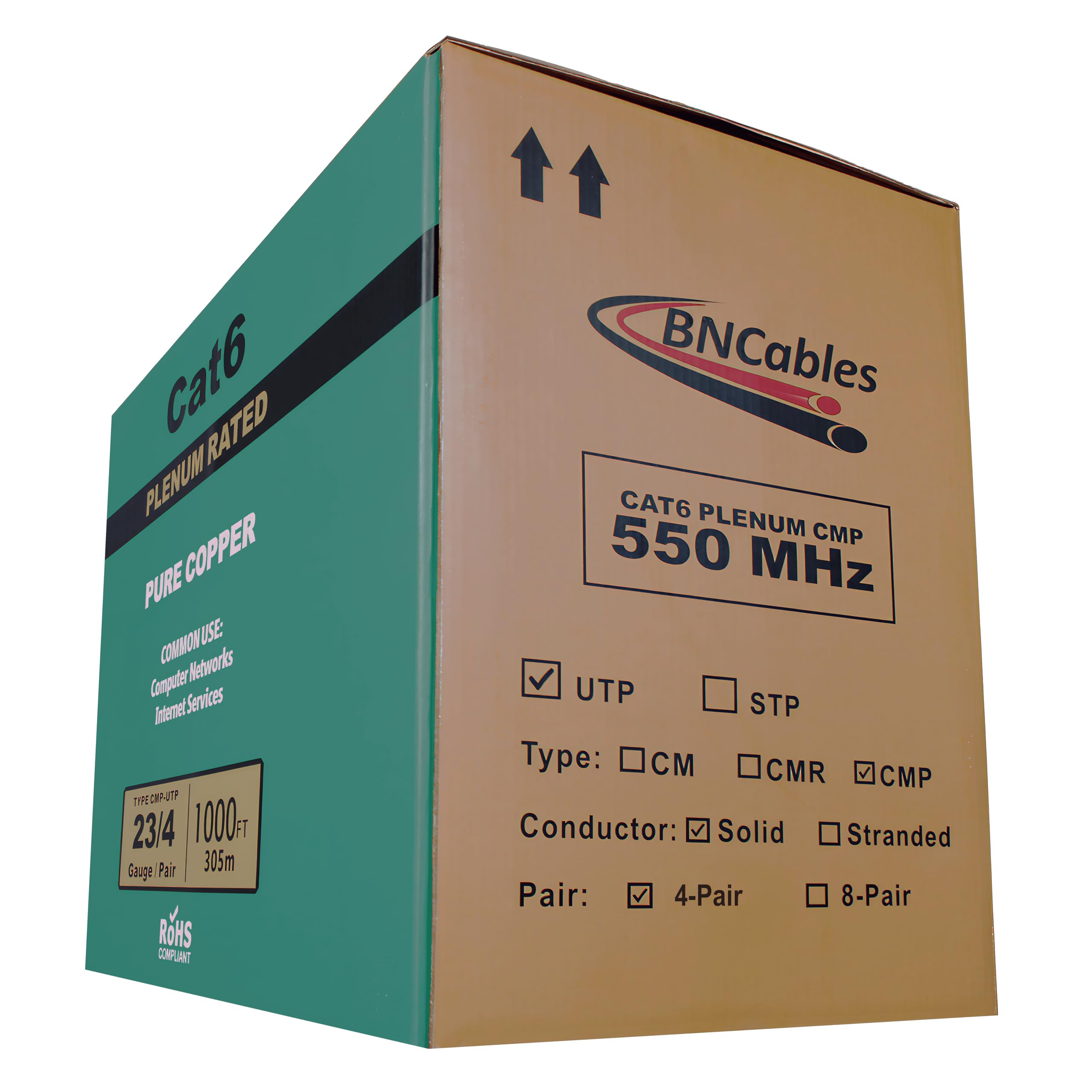 550MHZ CAT6 Plenum Cable 1000ft, 100% Pure Bare Copper, PoE++, DSX- 8000 Certified 23AWG 4Pair, Solid Network Cable Unshielded Twisted Pair (UTP)