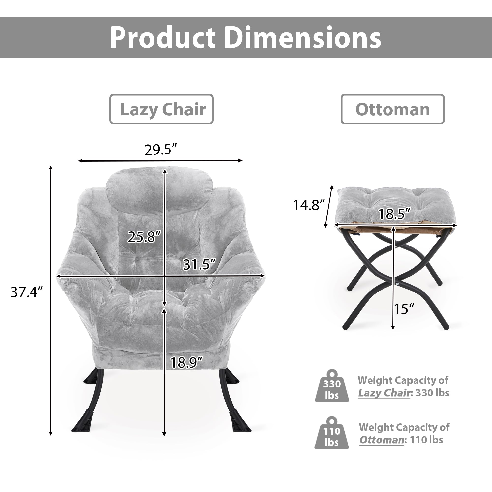 Youtanic Lazy Chair with Folding Ottoman, Accent Chair Velvet Upholstered with Metal Structure and Non-Slip Pads, Sofa Armchair with Footrest and Side Storage Bag for Dorm, Room, Office, Beige