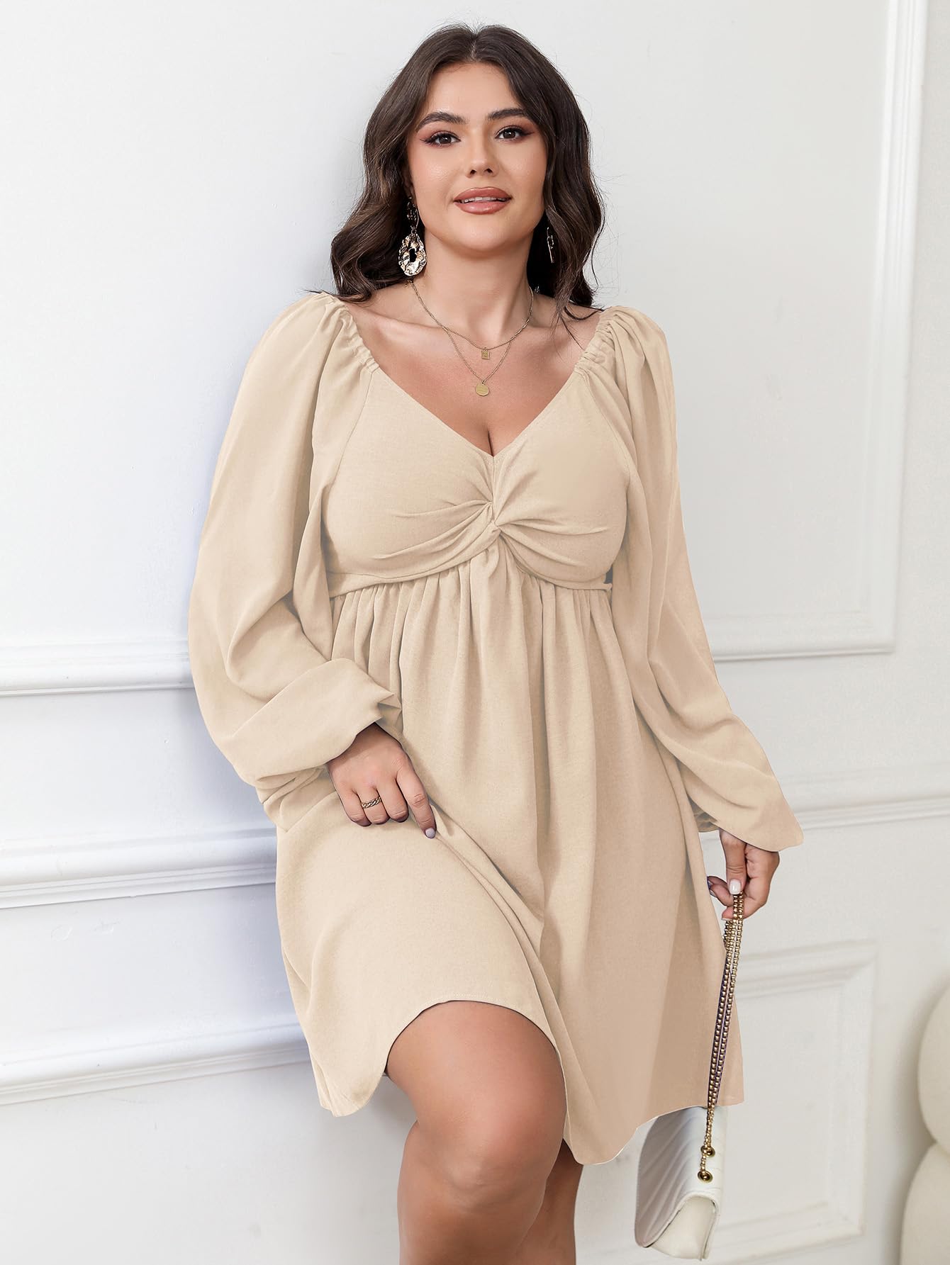 SCOMCHIC Women's Plus Size Puff Long Sleeve Dresses Sweetheart Neckline A Line Short Wedding Guest Cocktail Dress