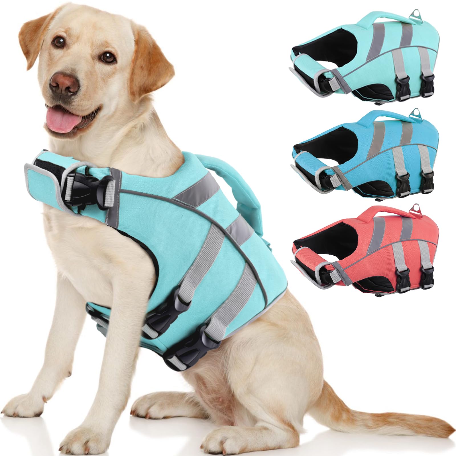Kuoser Dog Life Jacket with Reflective Stripes, Dog Life Vest for Swimming Boating, Adjustable Pet Lifejackets with High Flotation, Doggie Swimsuit for Small Medium Large Dogs