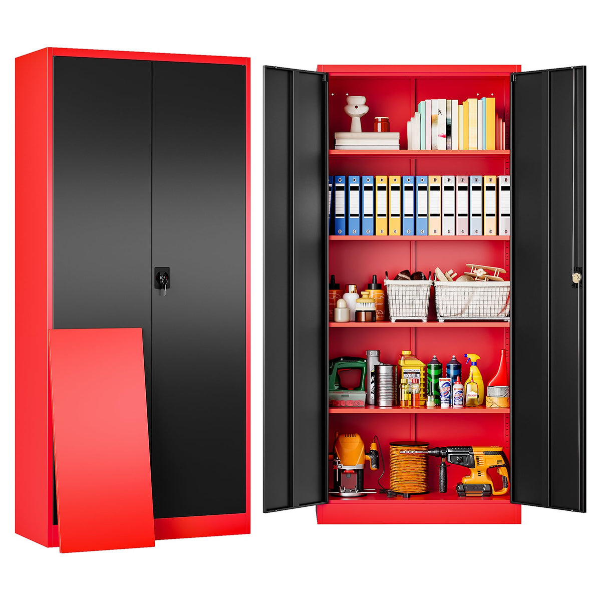 SISESOL Wide & Deep Metal Storage Cabinet with Wheels,Tall Rolling Garage Storage Cabinet with Lock,Black Metal Cabinets with Pegboards and Shelves,Tool Locker for Garage,Home,Office,43''Wx 20''Dx71"H