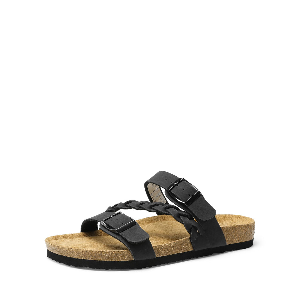 DREAM PAIRS Women's Slides Soft Cork Footbed Sandals Comfortable Walking Slip-on Flat Sandals Arch Support Adjustable Buckle Braided Straps Slippers