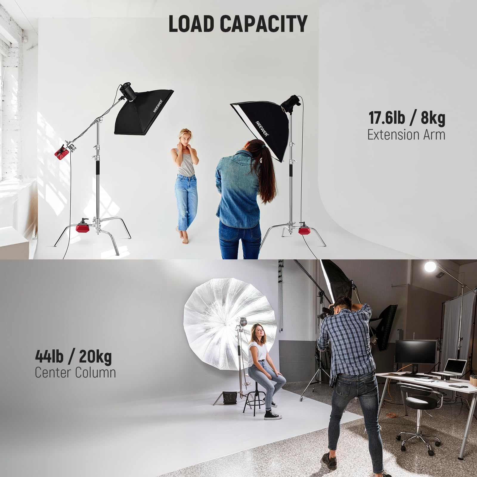 NEEWER Pro 100% Stainless Steel Heavy Duty C Stand with Boom Arm, Max Height 68"/172cm Photography Light Stand with 2.7ft/83cm Holding Arm, 2 Grip Head for Studio Monolight, Softbox, Reflector, SC172