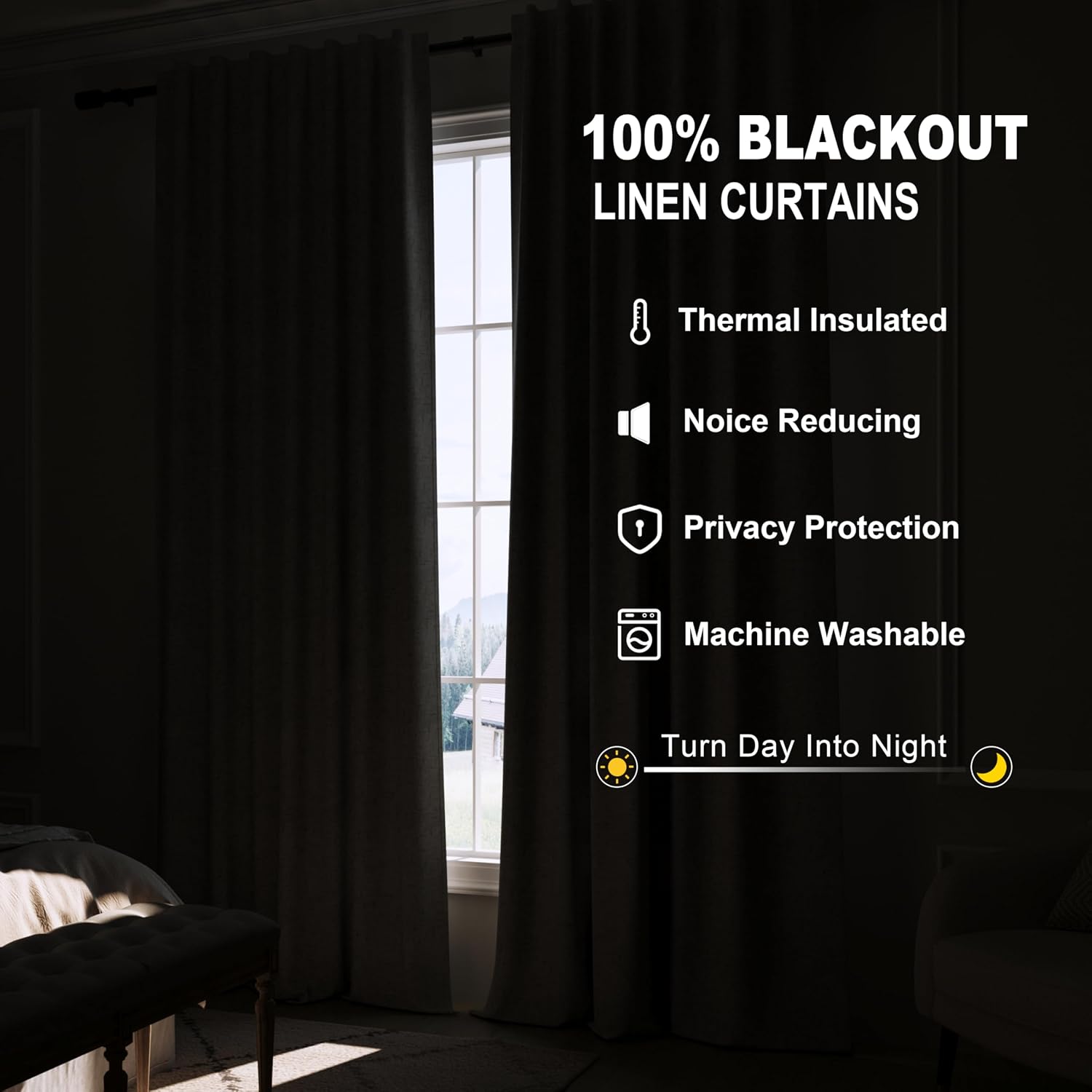 Joywell Extra Long 100% Blackout Linen Curtains 102 Inch Long 2 Panels Set for Bedroom Living Room Nursery,Back Tab Rod Pocket Room Darkening Thermal Insulated Black Out Window Drapes,Beige 52x102