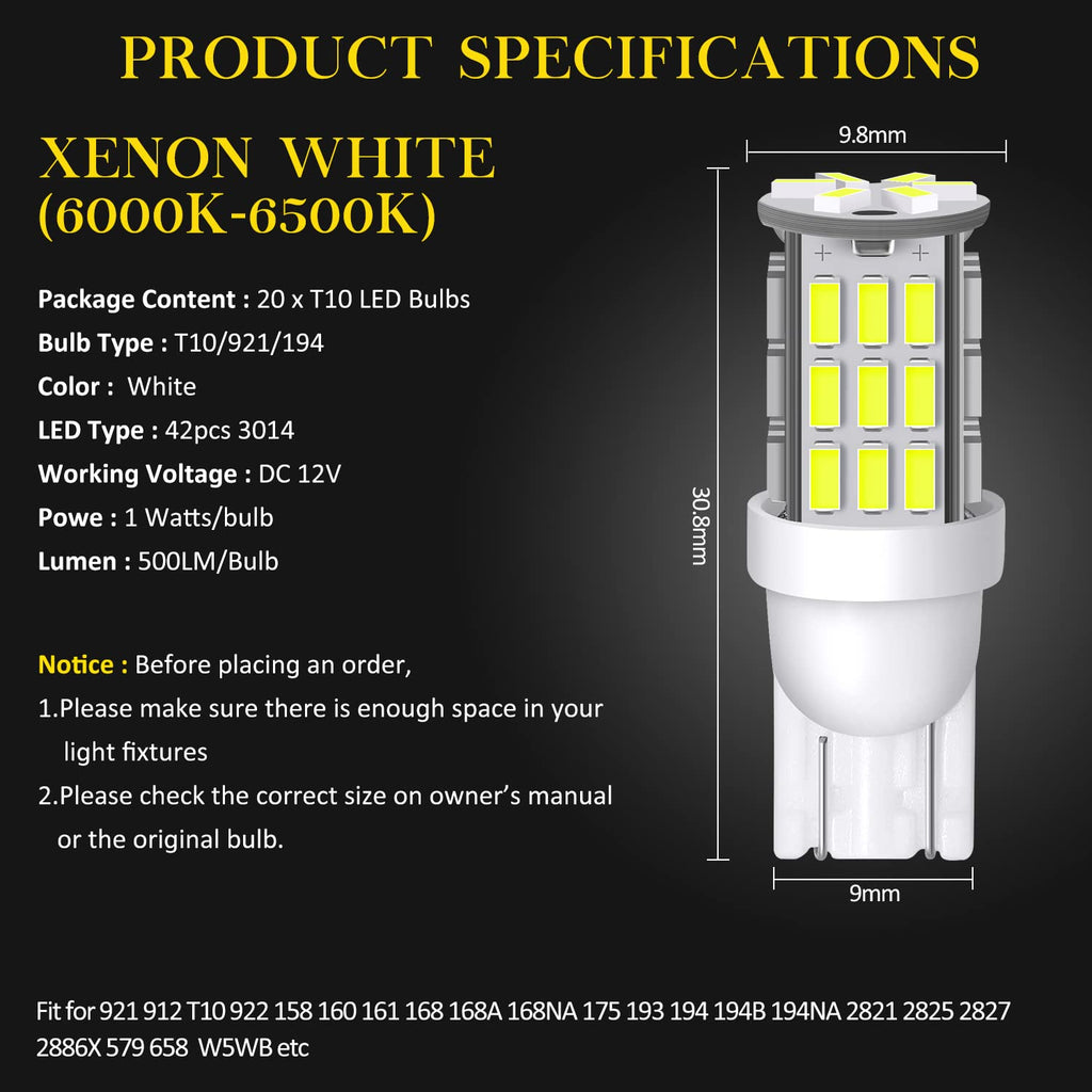 T10 921 194 168 LED Bulbs Cool White 20-Packs, Super Bright 3014 42-SMD LED Replacement 12 Volt RV Camper Trailer Boat Trunk Interior Dome Map License Lights, Backup Reverse Lights