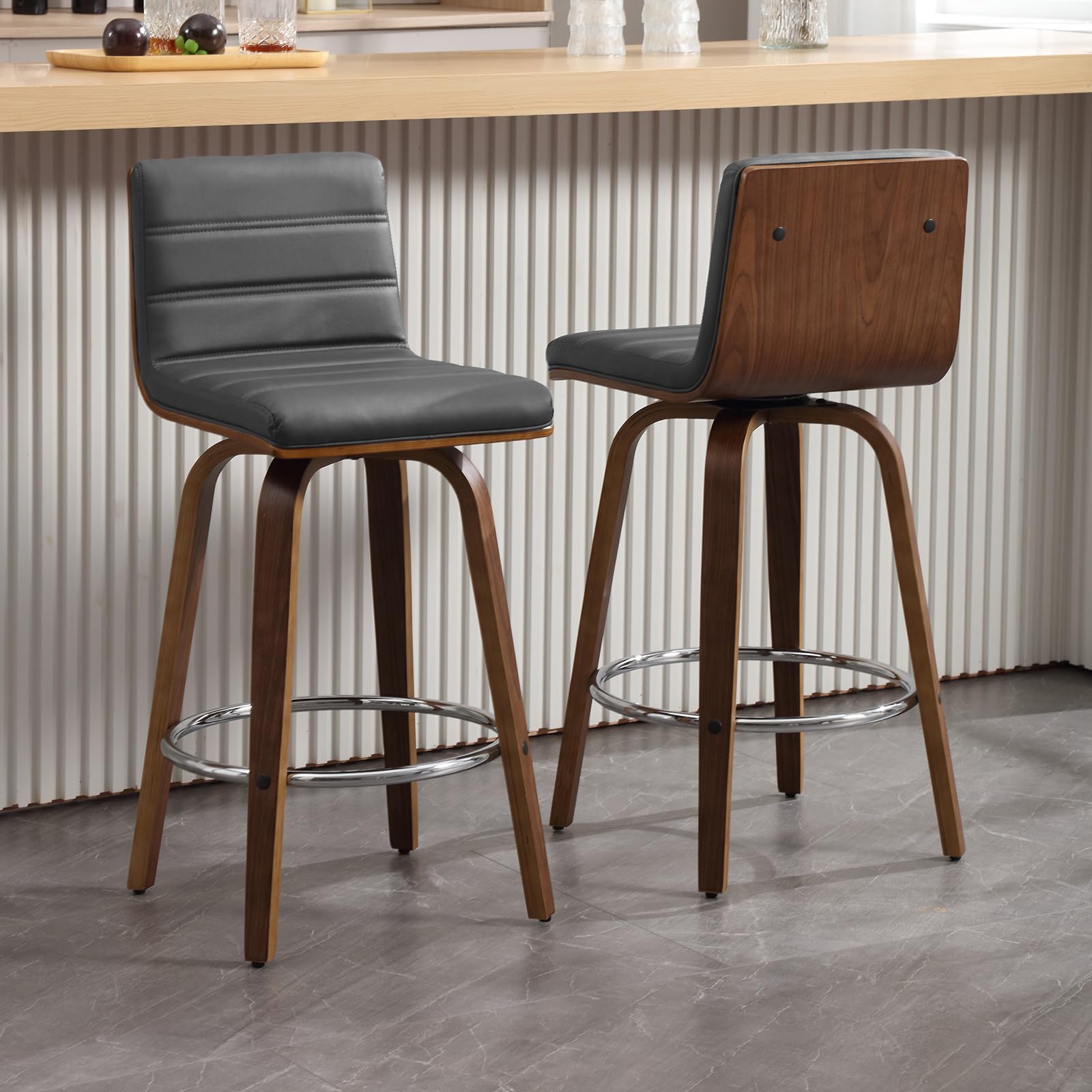 Bar Stools 29 Inch Bar Height, Swivel Bar Stools with Backs Upholstered PU Leather Barstool, L Shape Back and Padded Seat, Mid-Century Modern Bar Stool Pub Chairs for Kitchen Counter Island, Black
