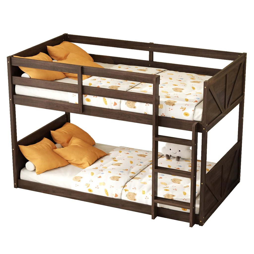 Bunk Bed Twin Over Twin, Wood Low Profile Floor Twin Bunk Beds with Headboard Ladder Guardrails for Kids Boys and Girls, No Box Spring Needed
