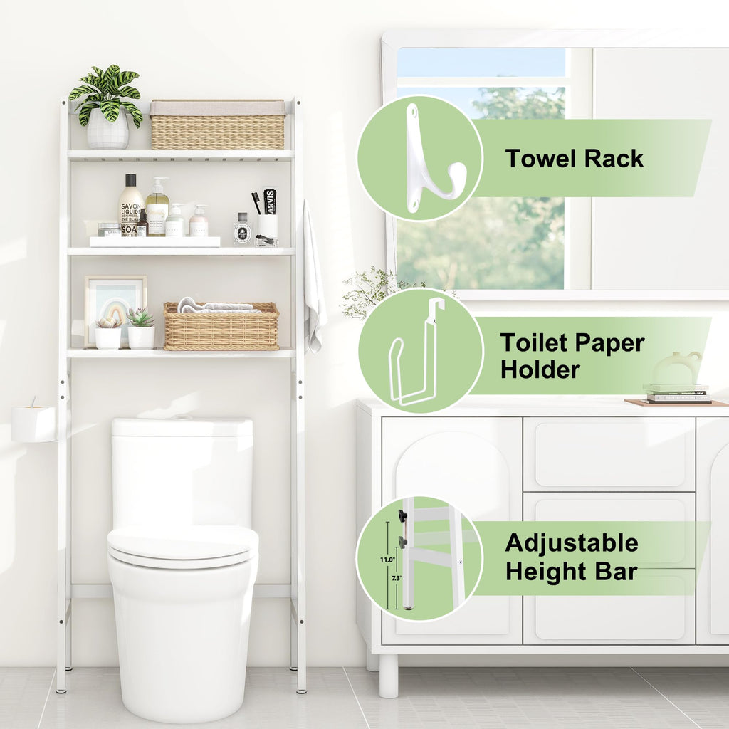 MallKing Over The Toilet Bathroom Organizer, Wooden 3-Tier Over-The-Toilet Storage Rack Bathroom Space Saver Organizer, Freestanding Above Toilet with Toilet Paper Holder and Hooks (Black)