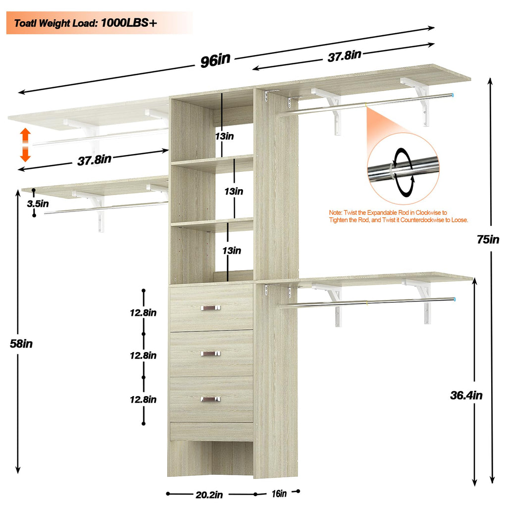 iSunirm 8FT Closet System, 96'' Closet Organizer System with 3 Hanging Rods, Wall Mount Bedroom Wardrobe with 3 Drawers Walk-in Closet, Adjustable Cloth Garment Rack from 5 to 8FT (Cut to Fit), Black