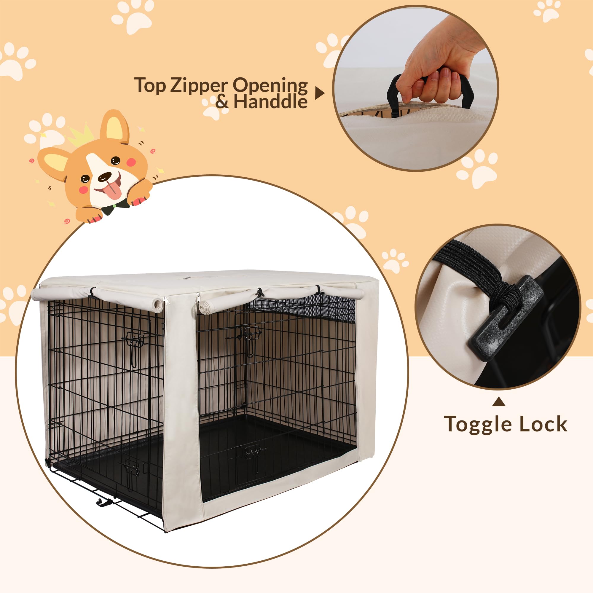 HiCaptain Dog Crate Cover 24.0" L x 18.0" W x 20.0" H with Breathable Mesh, Durable Heavy Duty Kennel Cover, Dual Zippered Panels, Windproof Waterproof UV-Resistant(Beige)