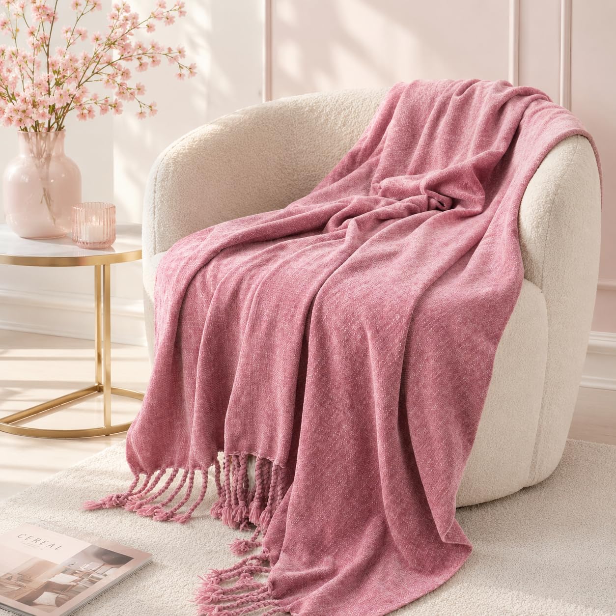 BATTILO HOME Beige Chenille Throw Blanket for Couch, Soft Cozy Textured Knit Throw Blanket with Handmade Fringe Tassels, Lightweight Decorative Farmhouse Blanket for Sofa Bed Chair, 50"x60"