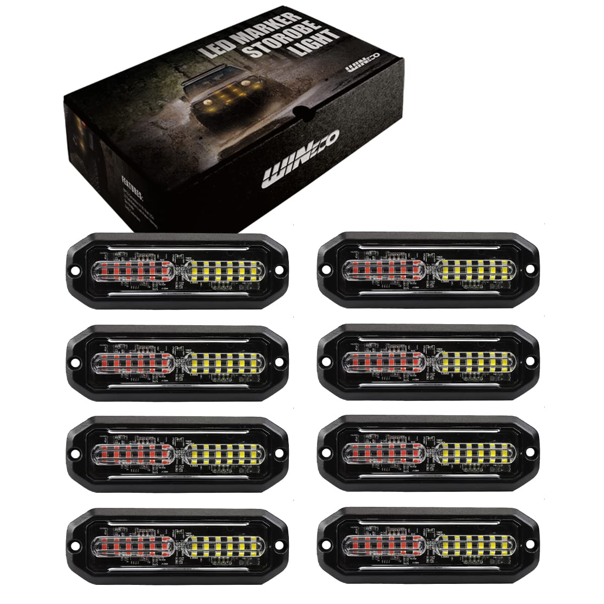 WINECO Amber led strobe lights for trucks 8pcs 12-LED Surface Mount Flashing Strobe Lights kit for Trucks Car Vehicles LED Mini Grille Grill Strobe Light Head Emergency Hazard Warning lights