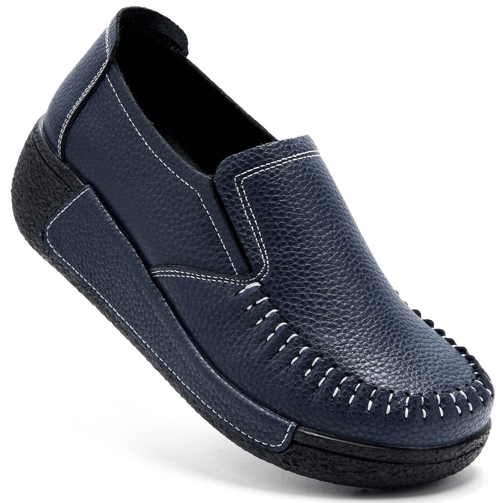 UZB Women's Slip On Loafer Leather Comfort Casual Platform Shoes