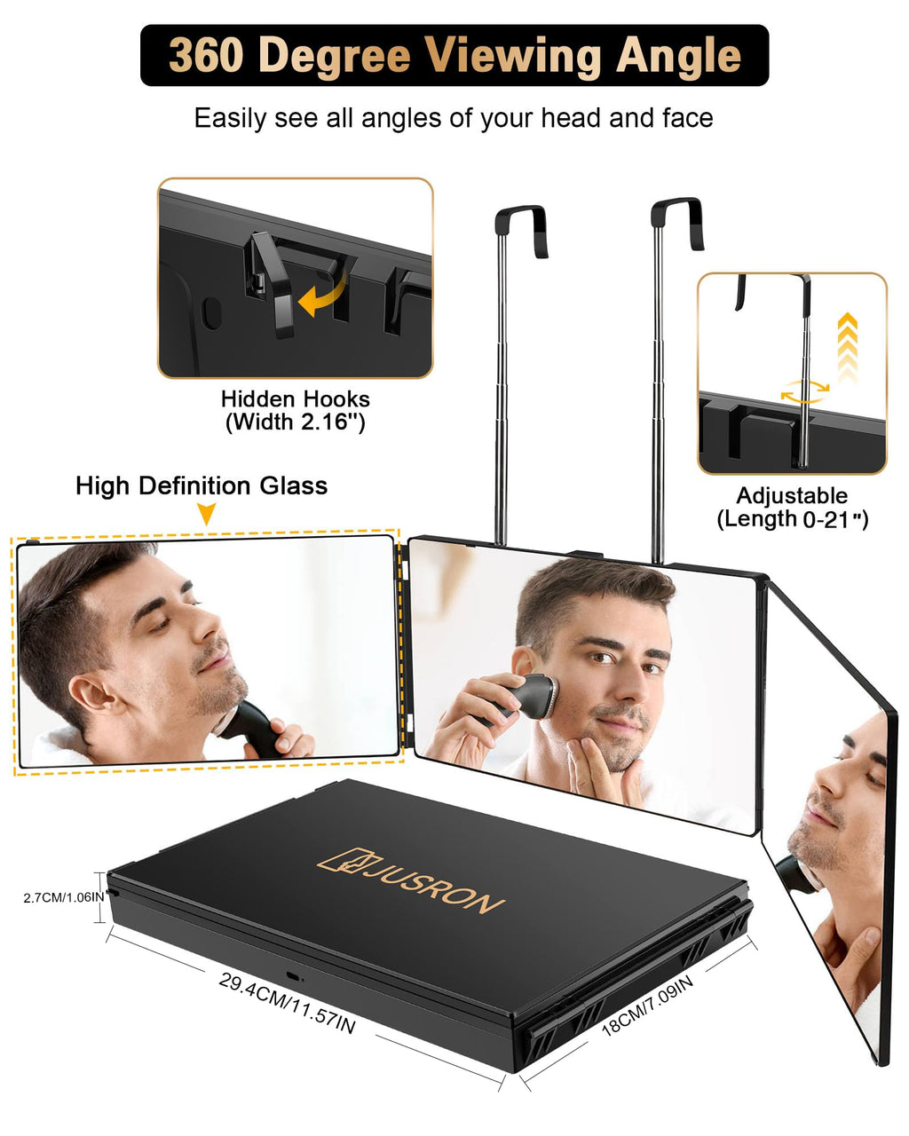 JUSRON 360 Viewing Angle Self Hair Cutting Mirror, Clear Anti-Fog HD Glass, USB Rechargeable, Easy to Use, Height Adjustable, Portable, Good Choice for Gifts