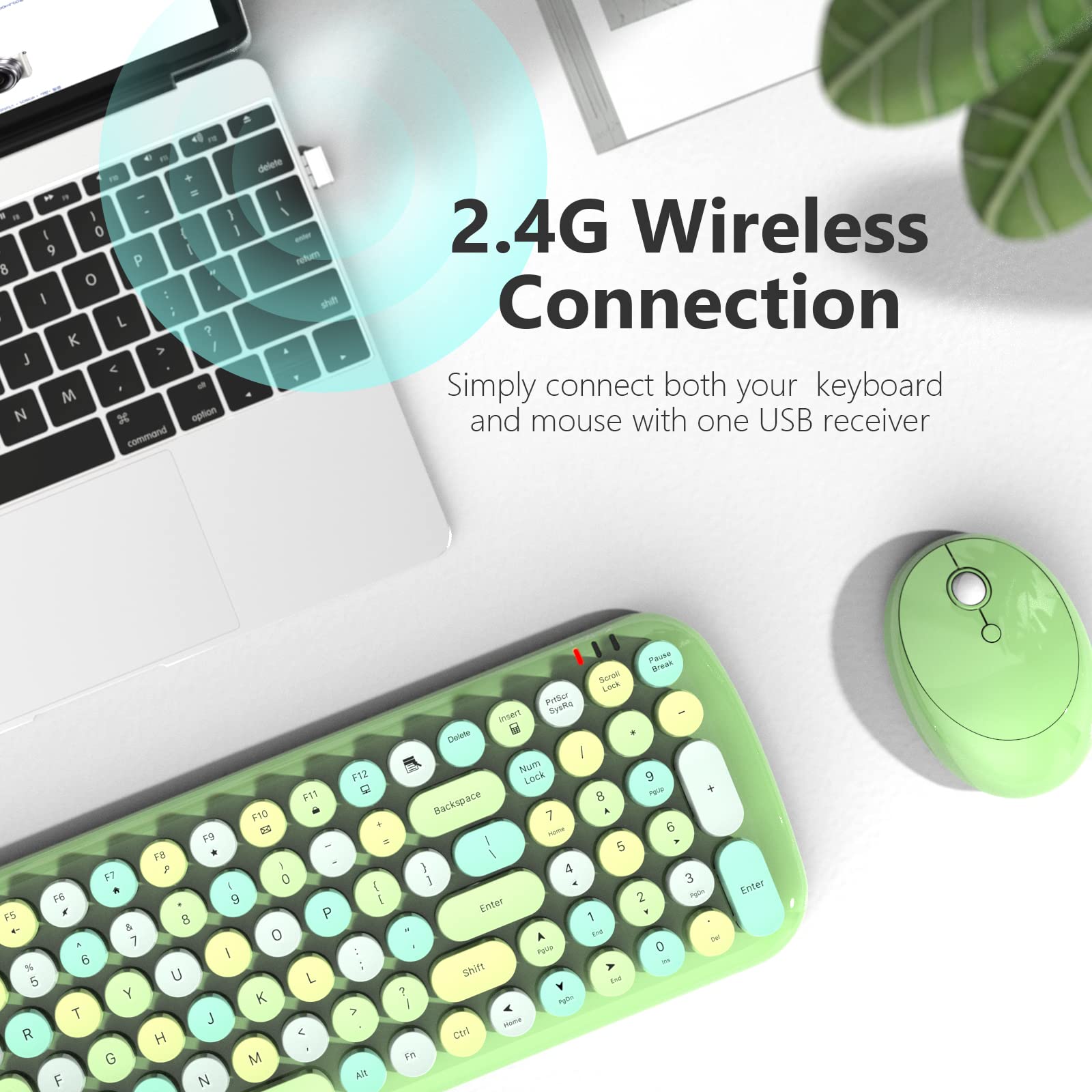 MOFII Wireless Keyboard and Mouse Combo, Compact Typewriter Retro Round Computer Keyboard and Mouse Set, Plug and Play, for Windows, Computer, Desktop, PC, Notebook - Black Green Gradient