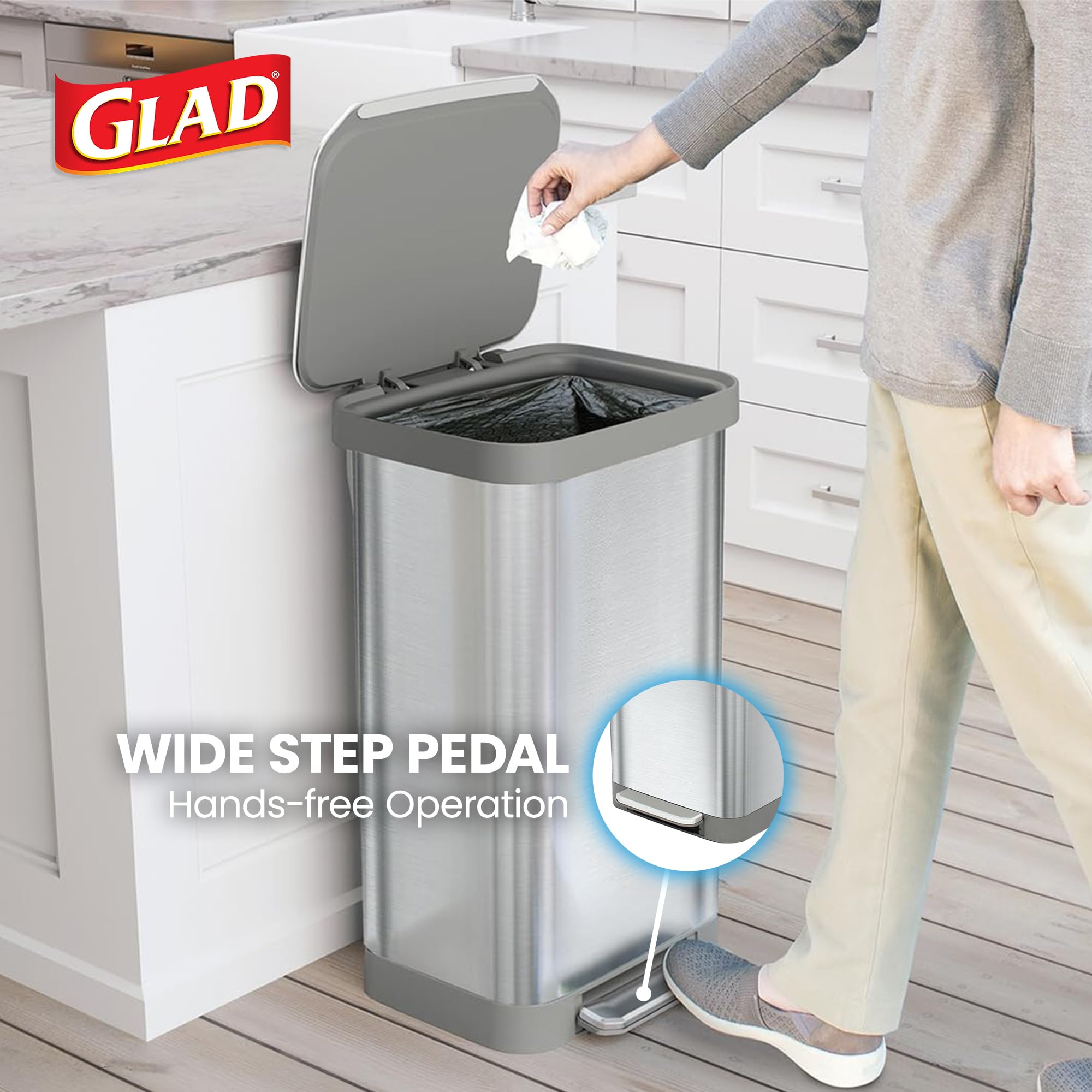 Glad 13 Gallon All Brushed Stainless Steel Trash Can with Clorox Odor Protection | Large Metal Kitchen Garbage Bin with Soft Close Lid, Garbage Bag Rings, Step On Foot Pedal and Waste Bag Roll Holder