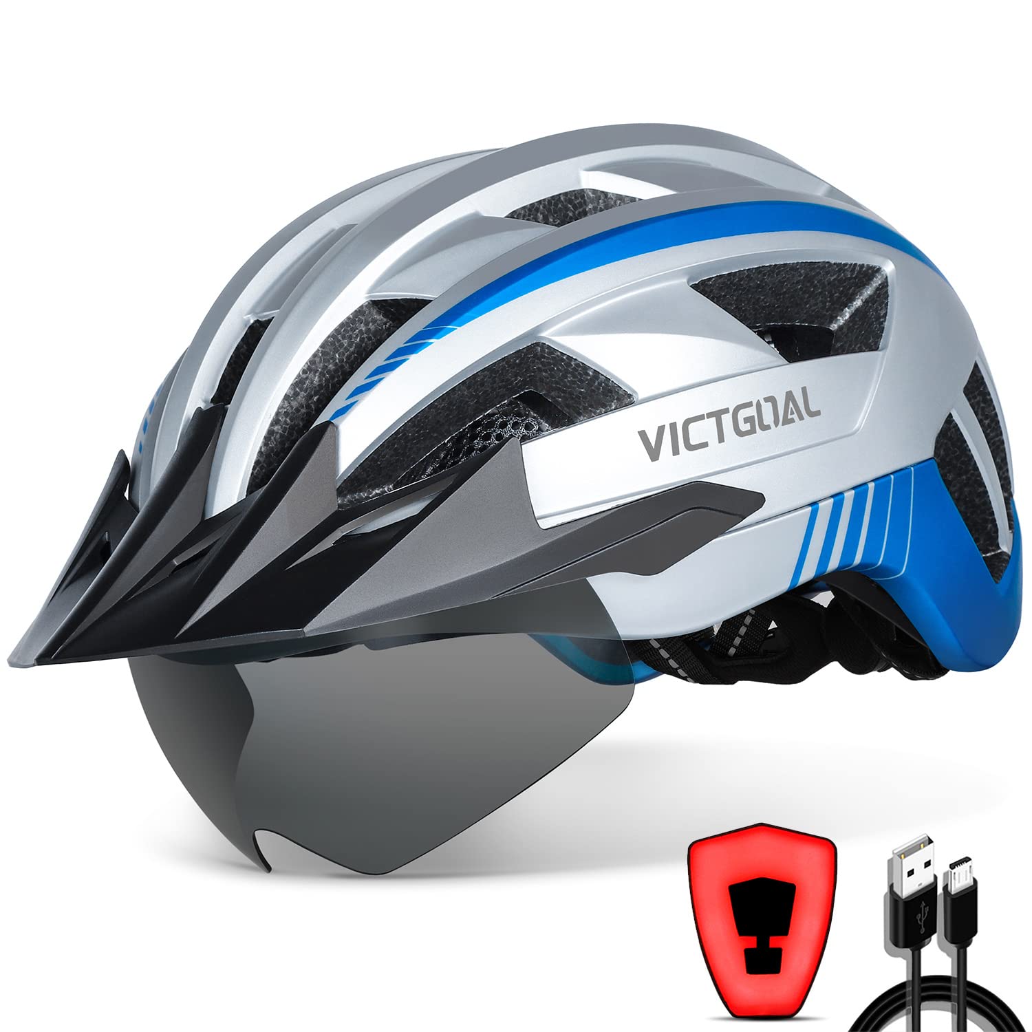 VICTGOAL Bike Helmet with USB Rechargeable Rear Light Detachable Magnetic Goggles Removable Sun Visor Mountain & Road Bicycle Helmets for Men Women Adult Cycling Helmets