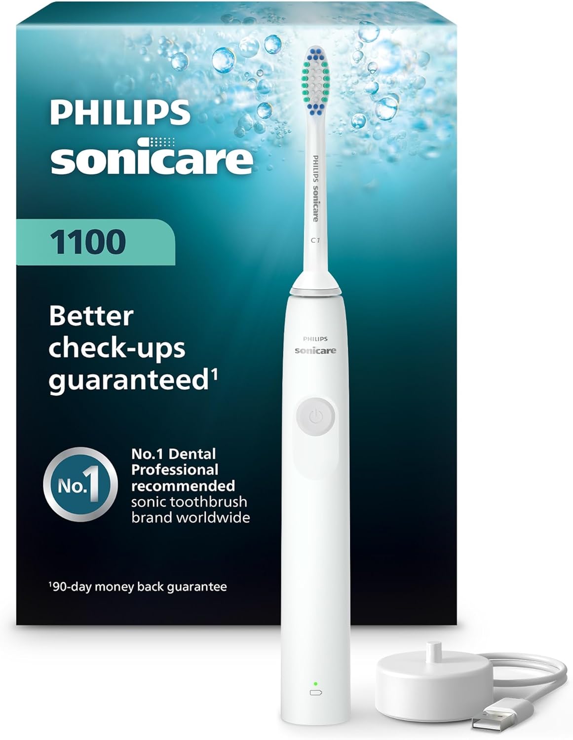 PHILIPS Sonicare 1100 Series Electric Toothbrush - Sonic Toothbrush with Advanced Sonic Technology, EasyStart, Smartimer & Quadpacer, White, Model HX3641/02