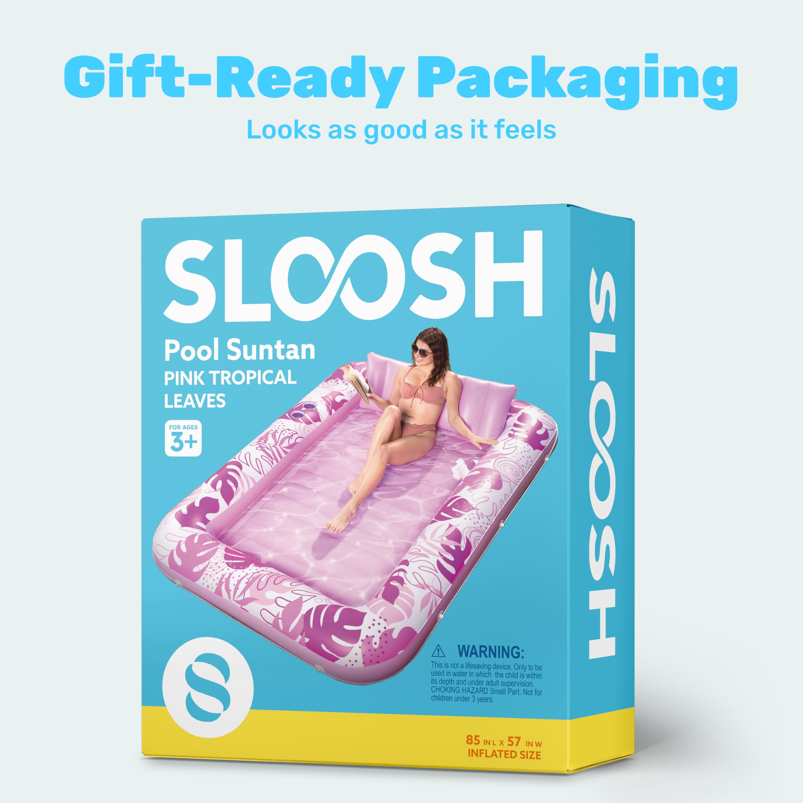 SLOOSH Inflatable Tanning Pool Lounger Float, 85" x 57" Extra Large Pool Floats Adult with Pillow, 4 in 1 Suntan Tub Raft Floatie,Sunbathing Bed Lounge for Water Blow Up Ball Pit Party Gifts, XL-Blue