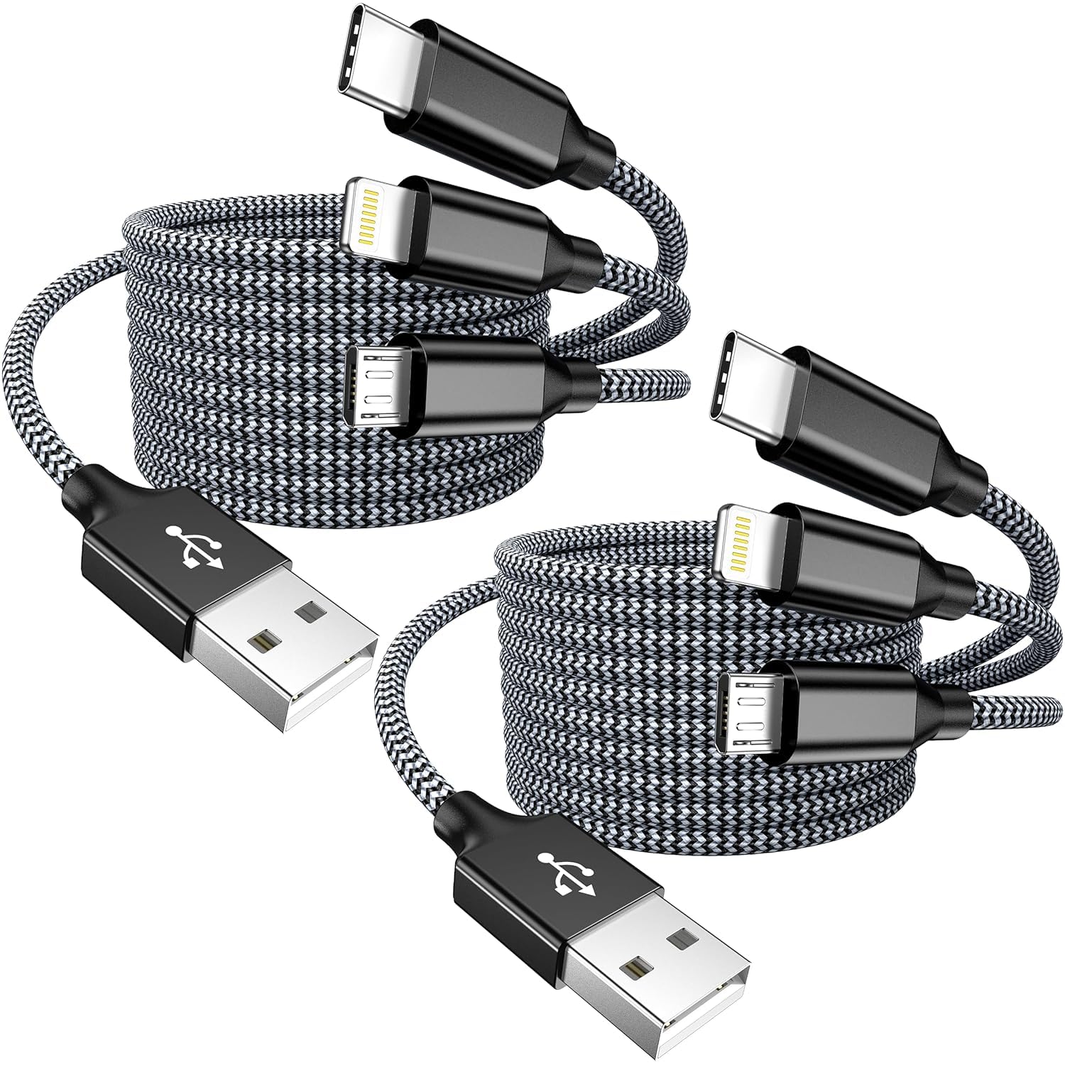 Multi Charging Cable 4ft 2Pack USB Charger 3 in 1, Multi iPhone Charger Cable Nylon Braided Apple MFi Certified USB Fast Charging Cord with Type-C/USB C Micro Lightning for Phone iPad iPhone Tablet