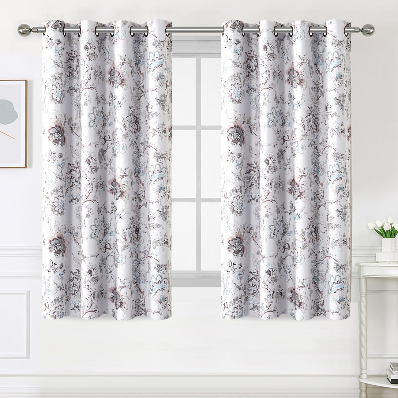H.VERSAILTEX Blackout Curtains 63 Inch Length 2 Panels Set Floral Print Curtain Drapes for Living Room Thermal Insulated Grommet Window Curtains for Bedroom - Traditional Floral in Antique Green