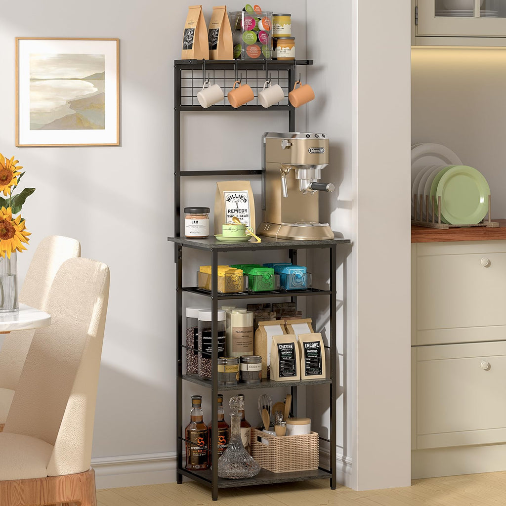 5 Tier Coffee Bar Station, Kitchen Stand with 4 S-Shaped Hooks, Farmhouse Corner Coffee Bar Cabinet for Small Spaces, Bakers Rack for Kitchen, Entryway, Living Room, 13.43"D x 18.93"W x 53.31"H