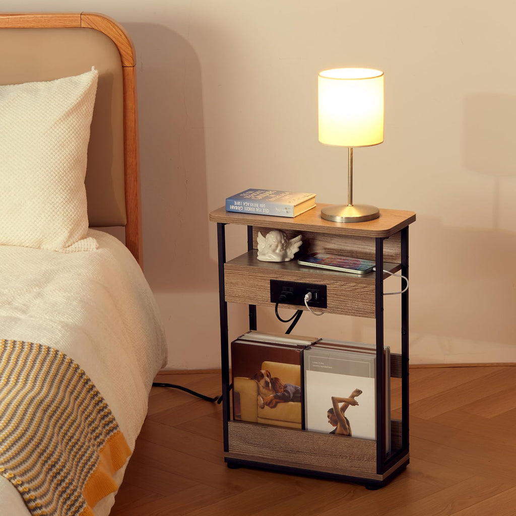 YEAKOO Narrow Side Table with Charging Station, 3-Tier End Table with 2 USB Ports & Power Outlets,Thin Sofa Side Table for Narrow and Small Spaces, Bedside Table Nightstand for Living Room,Black