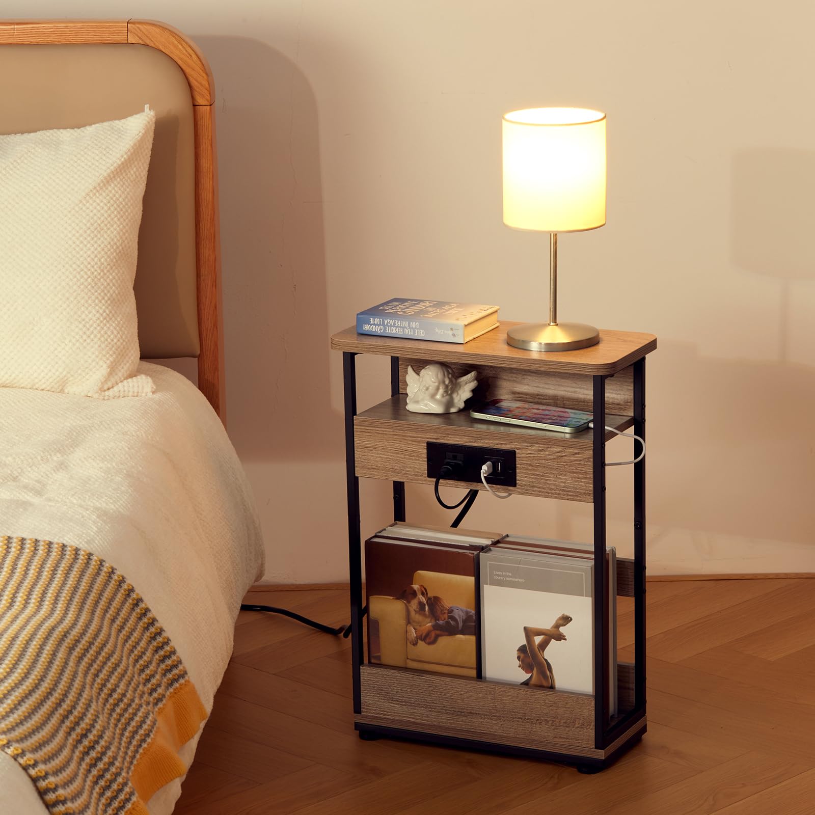 YEAKOO Narrow Side Table with Charging Station, 3-Tier End Table with 2 USB Ports & Power Outlets,Thin Sofa Side Table for Narrow and Small Spaces, Bedside Table Nightstand for Living Room,Black