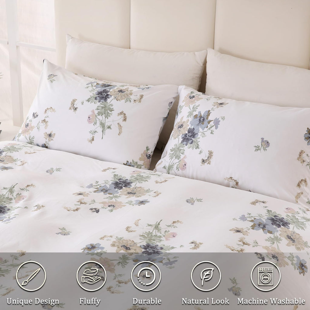 100% Natural Cotton Comforter Set Queen 3 Pcs Grayish Blue Bedding Sets with Luxurious Damask Pattern, Reversible Breathable Soft Comforter Sets for All Season