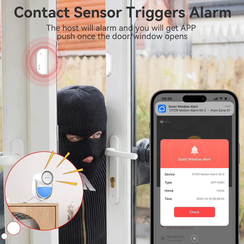 CPVAN WiFi Motion Sensor Alarm, 125dB Smart PIR Motion Detector with Phone App Alerts, Wireless Indoor Home Security Alarm System with Remote, 2.4GHz WiFi, Black