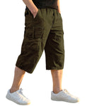 EKLENTSON Men's Cargo Shorts Casual Twill Elastic 3/4 Capri Pants Below Knee Long Shorts with 7 Pockets