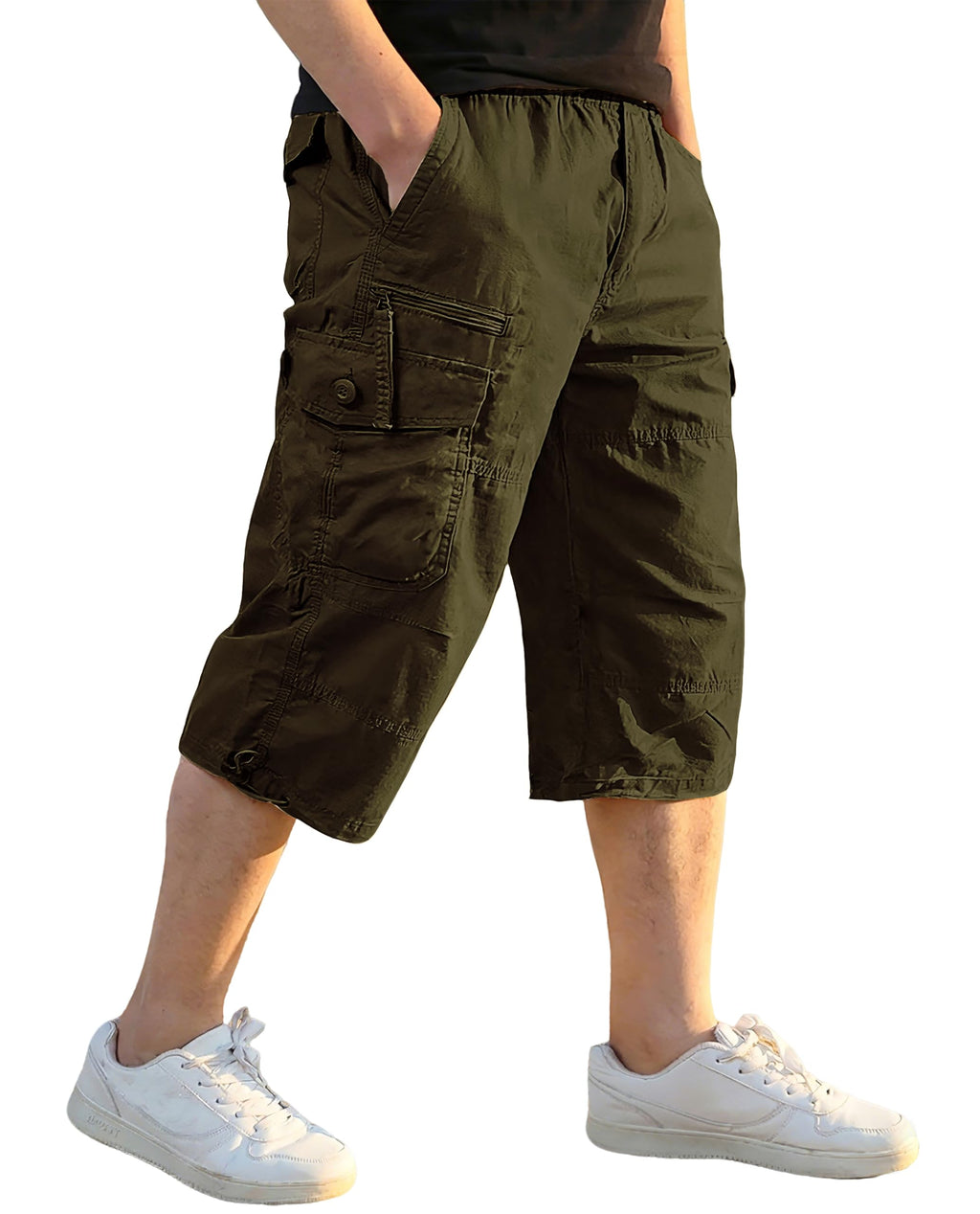 EKLENTSON Men's Cargo Shorts Casual Twill Elastic 3/4 Capri Pants Below Knee Long Shorts with 7 Pockets