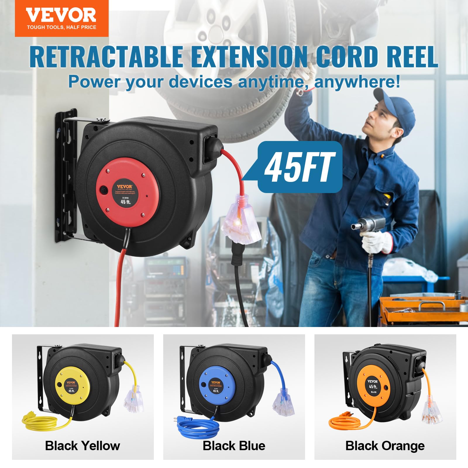 VEVOR Retractable Extension Cord Reel, 30 FT, Heavy Duty 16AWG/3C SJTOW Retractable Power Cord Reel with Lighted Triple Tap Outlet 10 Amp Circuit Breaker 4.5FT Lead-in Cord, for Ceiling or Wall Mount