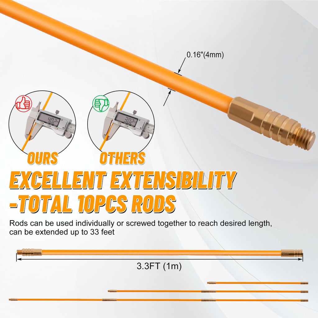 KOOTANS 11FT Fiberglass Running Electrical Wire Cable Glow Rods Wire Pulling Tools Fish Tape Cable Puller Through Wall Snake Fish Rods Kit with Different Attachments