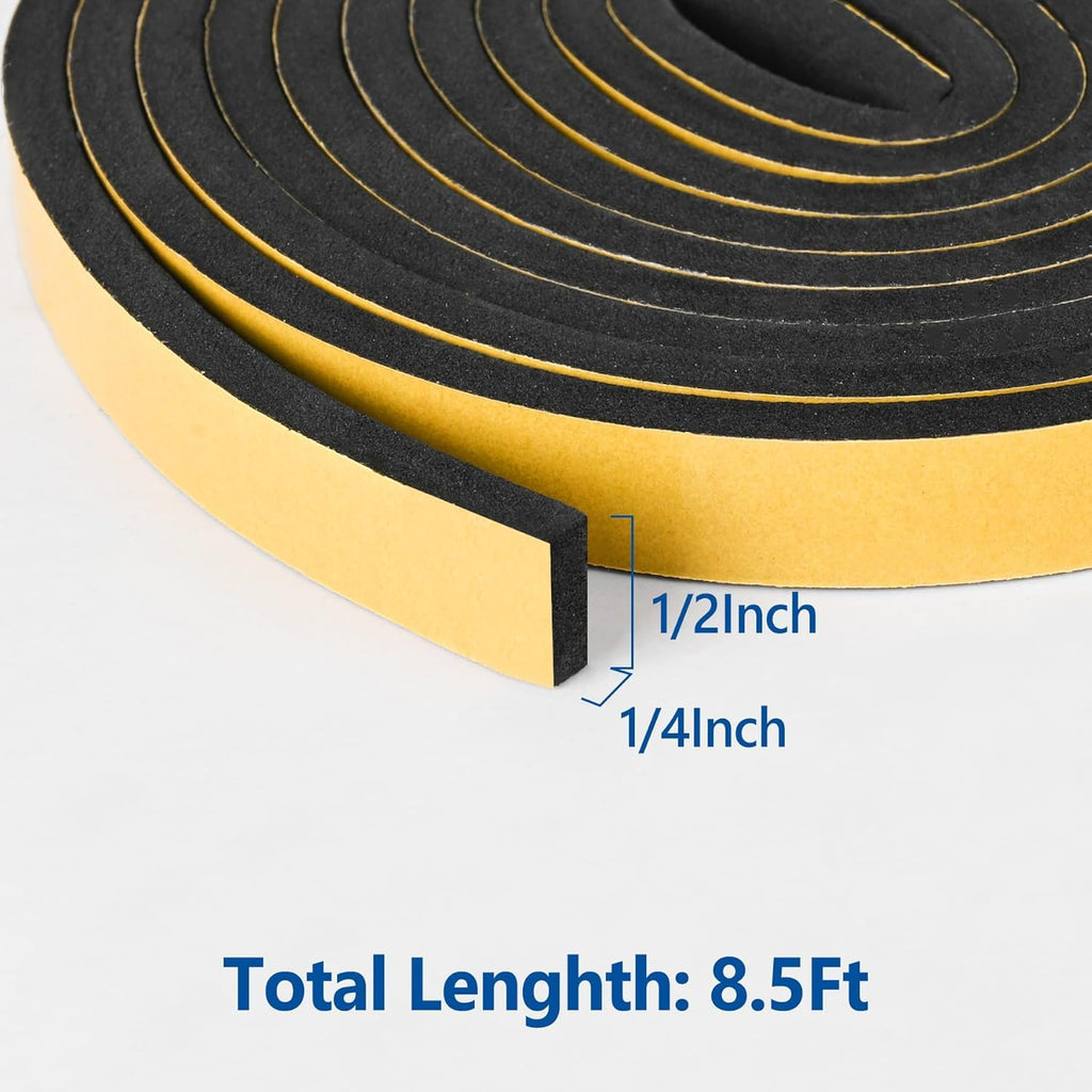 Kikerike Self Adhesive Foam Tape Weatherstrip 1In x 1/2In x 20Ft High Density Foam Insulation Strips Seal Weather Stripping with Strong Adhesive for Door and Window Sound Isolation Soundproofing