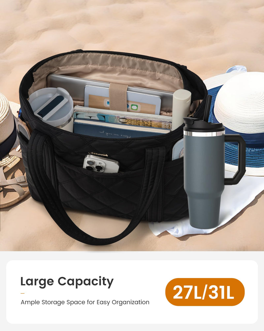 LOVEVOOK Puffer Tote Bag for Women, Puffy Work Handbag with Cup Holder, Travel Carry On Bag with Zipper for Teacher Nurse Gym
