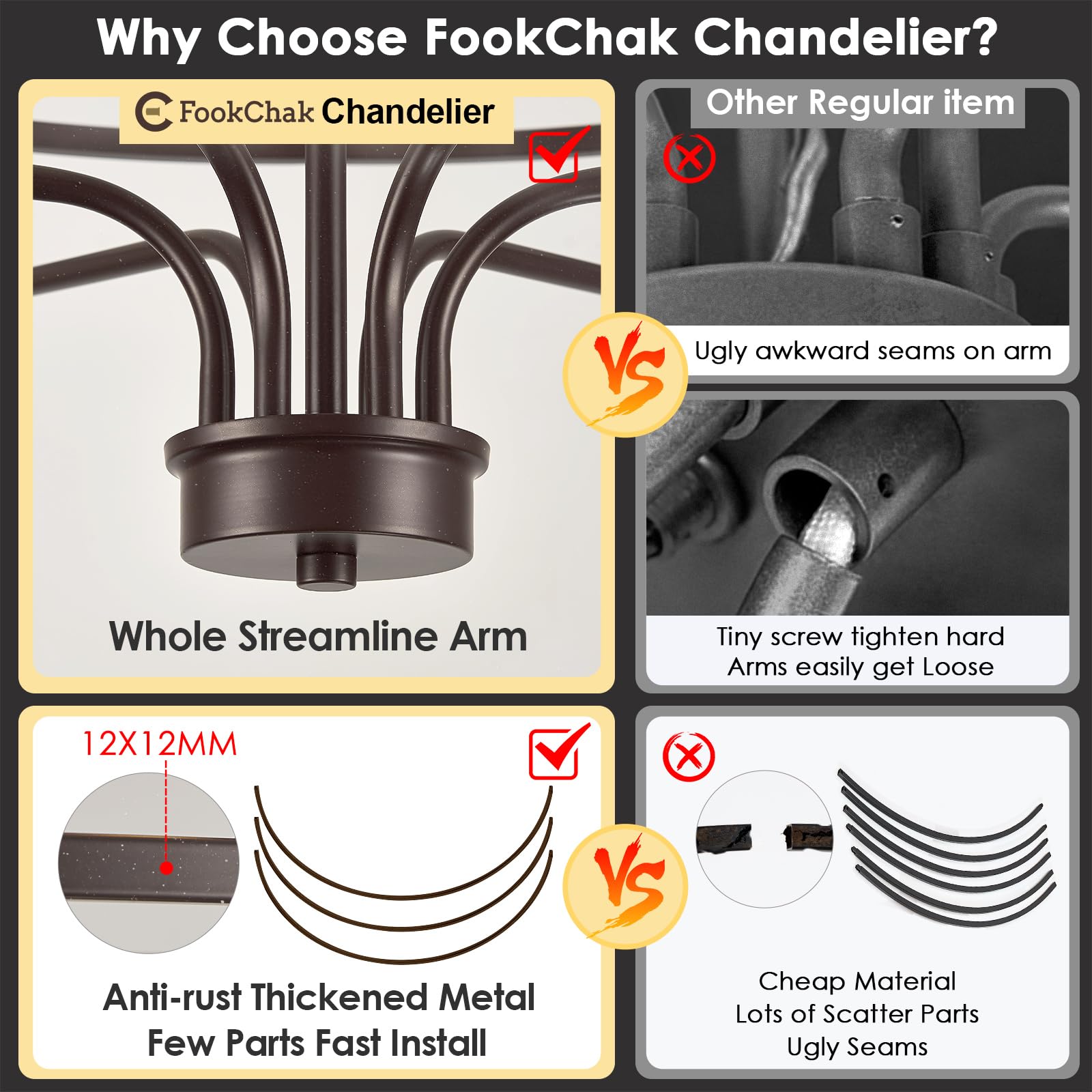 Black Chandelier 6-Light Dining Room Chandelier Kitchen Chandeliers Over Table Round Living Room Chandelier Light Fixture for Bedroom, Kitchen, Foyer