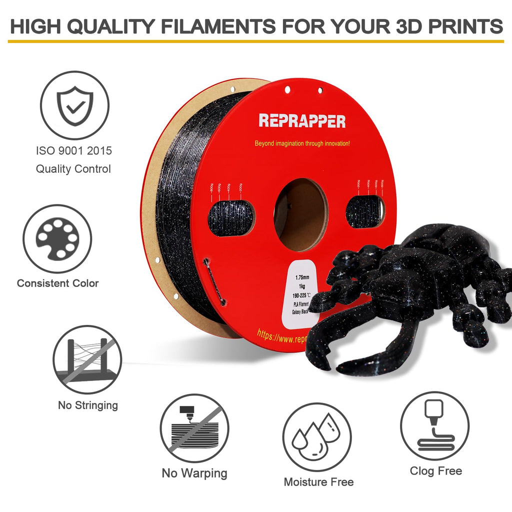 RepRapper PLA Filament, Multicolor Glitter Sample Pack, Shiny Galaxy Silk PLA1.75MM for 3D Printer, Glow in The Dark Sparkle Laser Series 3D Printer Filament, 250g*4
