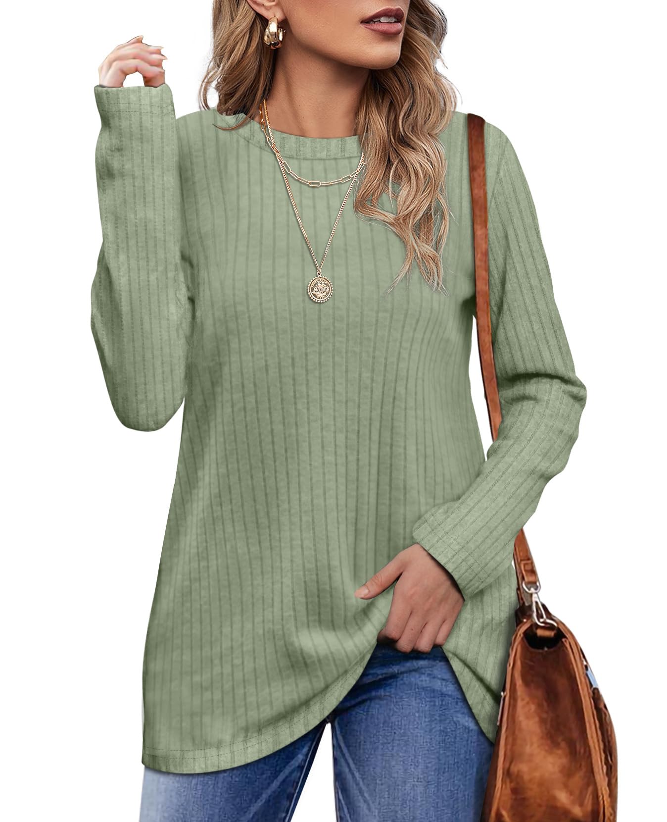 OFEEFAN Long Sleeve Shirts for Women Loose Fit Crew Neck Tunic Tops Blouse Dressy Casual Fall Winter Clothes Outfits