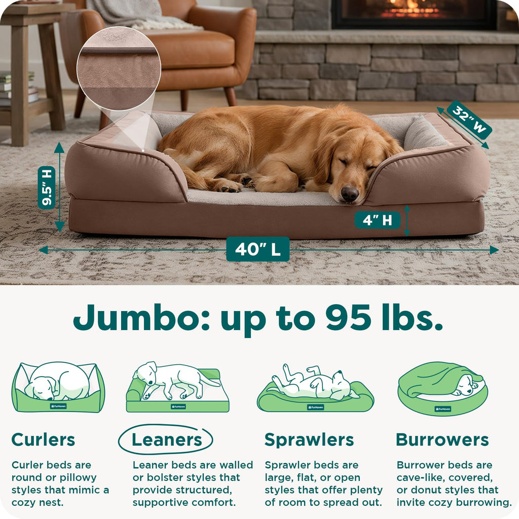 Furhaven Cooling Gel Dog Bed for Medium/Small Dogs w/ Removable Bolsters & Washable Cover, For Dogs Up to 35 lbs - Plush & Velvet Waves Perfect Comfort Sofa - Brownstone, Medium