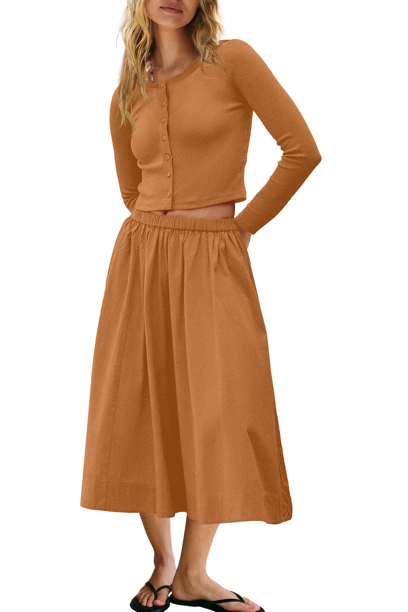 Panadila Womens 2 Piece Lounge Sets Matching Vacation Outfits Ribbed Button Down Cardigan and Elastic Waist Skirt Sets