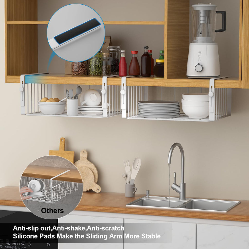 AmonHouseware 2Pack Under Shelf Basket Organizer,Adjustable Hanging Holder Storage for Cabinet Pantry Kitchen Cupboard Desk Counter Bookshelf Organization Add-on Space Saver Heavy Duty Slide-in,Black