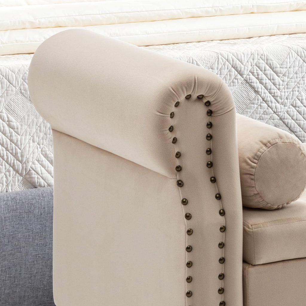 Storage Bench for Bedroom, 67" End of Bed Bench King Size, Velvet Bedroom Bench with Storage, Upholstered Tufted Storage Ottoman Benches with Arms for Bedroom, Entryway, Living Room, Beige