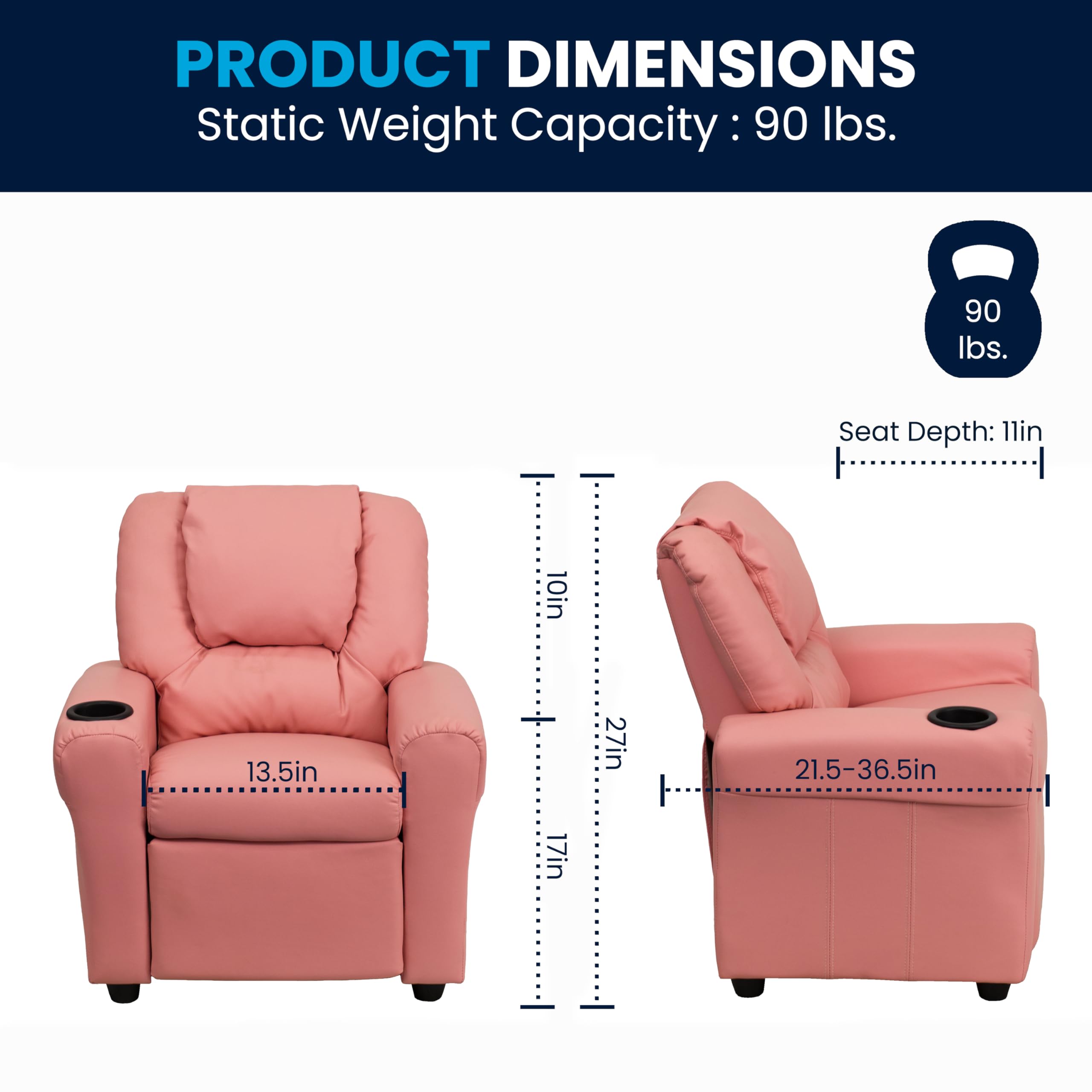 Flash Furniture Vana Vinyl Kids Recliner with Cup Holder, Headrest, and Safety Recline, Contemporary Reclining Chair for Kids, Supports up to 90 lbs., Beige