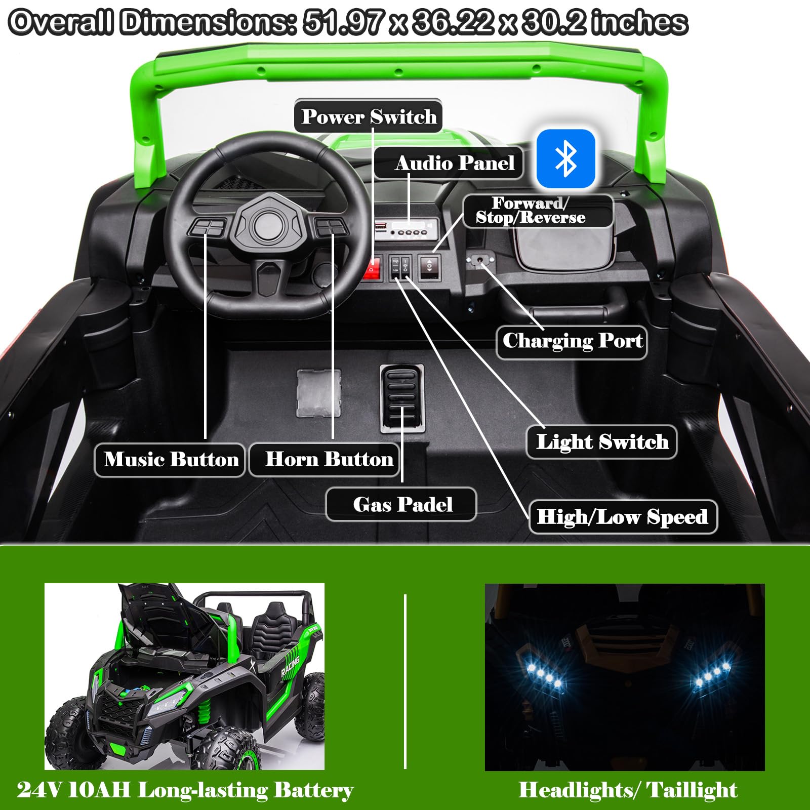 NEWQIDA XXXL 24V Ride On Toys for Big Kids UTV 2 Seater Electric Car w/Remote Control, 4WD Off-Road Side by Side, Max 220lbs, 24.8" Spacious Seat, EVA Tires, Up to 5.6 MPH, Rear Shock Absorbor, Black