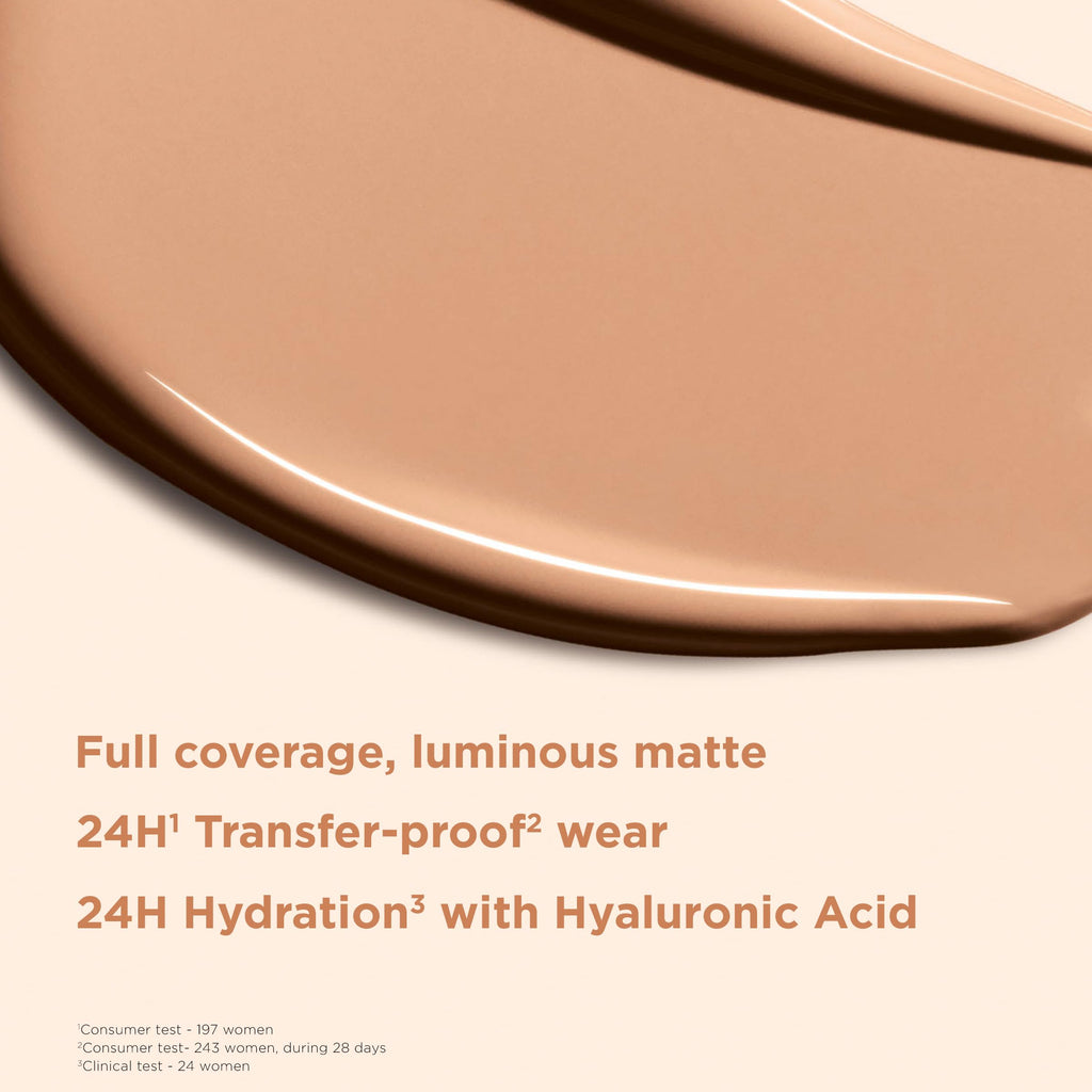 Clarins Skin Illusion Longwear Full Coverage Foundation|Luminous Matte Finish|24H Hold and 24H Hydration|Natural Looking|Transfer, Sweat and Smudge Proof| Contains Hyaluronic Acid|1 Fl Oz