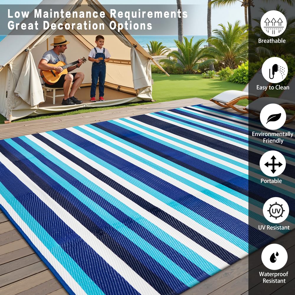 HUGEAR Outdoor Patio Rug 3'x5' Waterproof Outside Area Rugs Blue Reversible Plastic Straw Carpet for RV Deck Camping Entryance Porch Picnic Balcony Beach